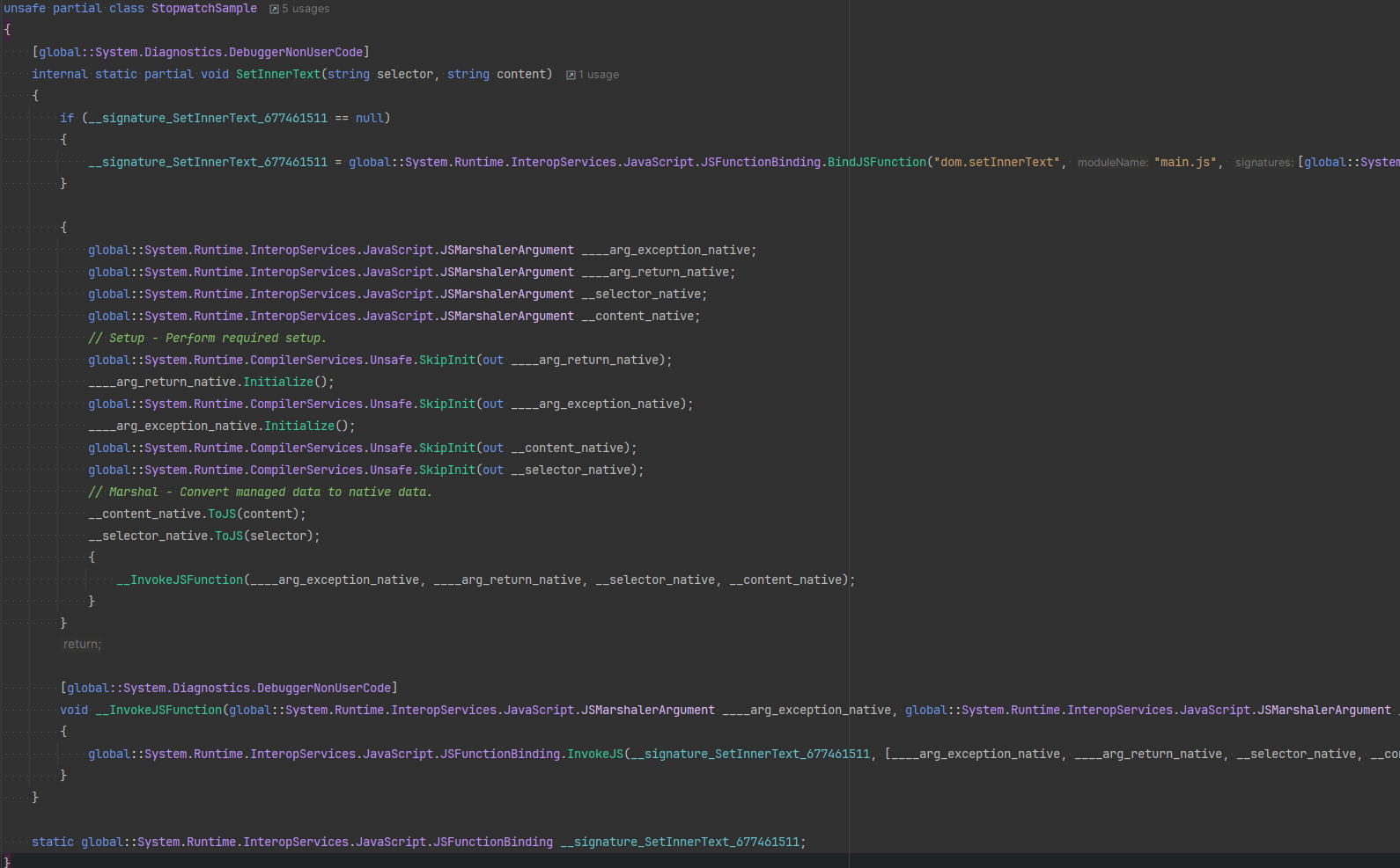 A screenshot of the JSImportGenerator generated code showing marshalling code
