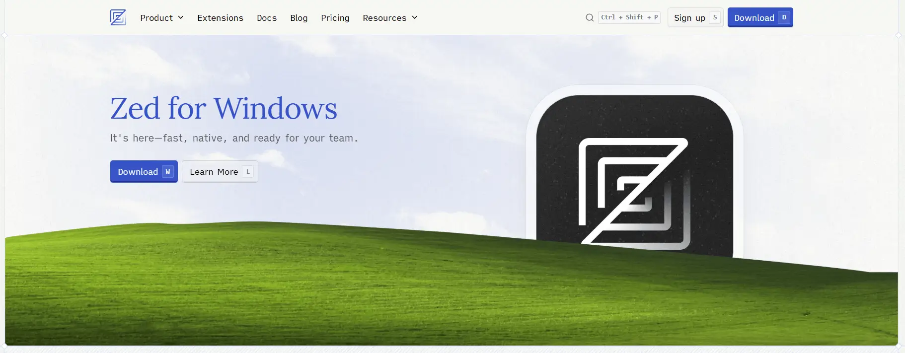 The Zed for Windows home page