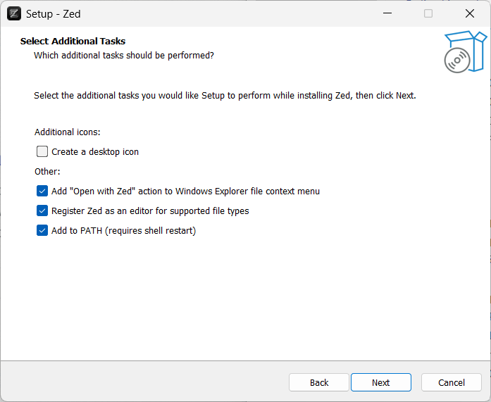 The Zed installer Additional Tasks wizard, allowing you to register Zed in the Windows Explorer Shell