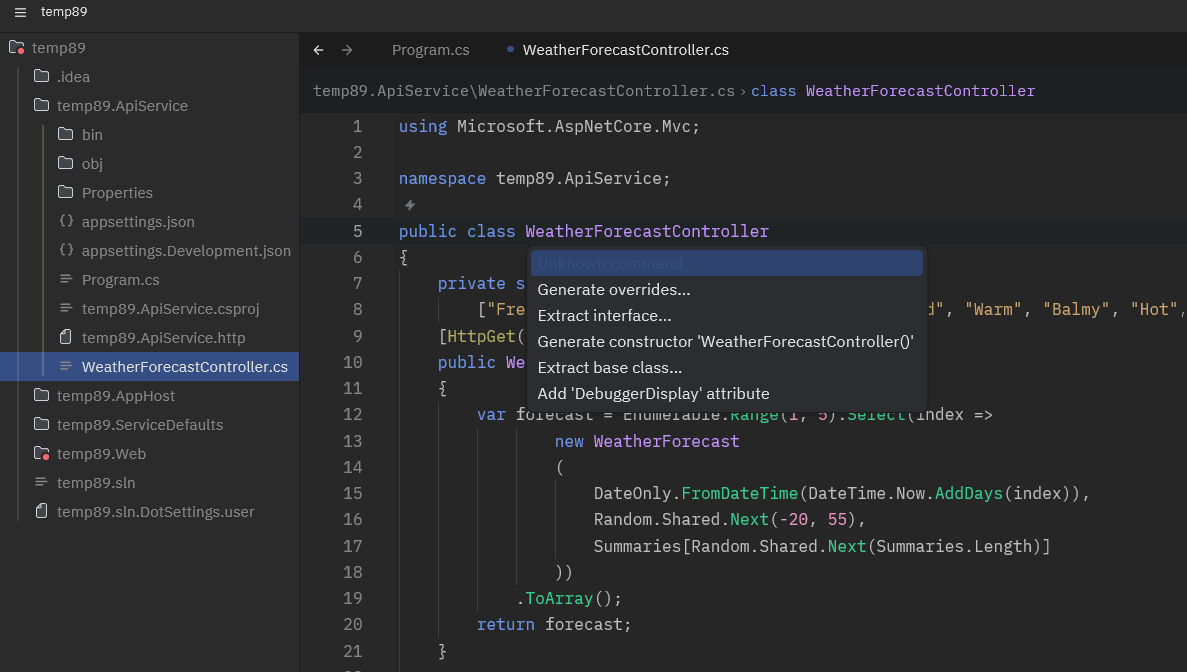 C# file in Zed showing a refactoring popup