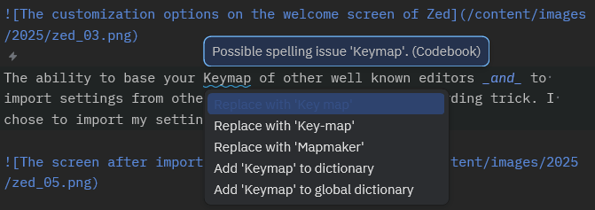 A markdown document with a flagged spelling mistake including suggestions