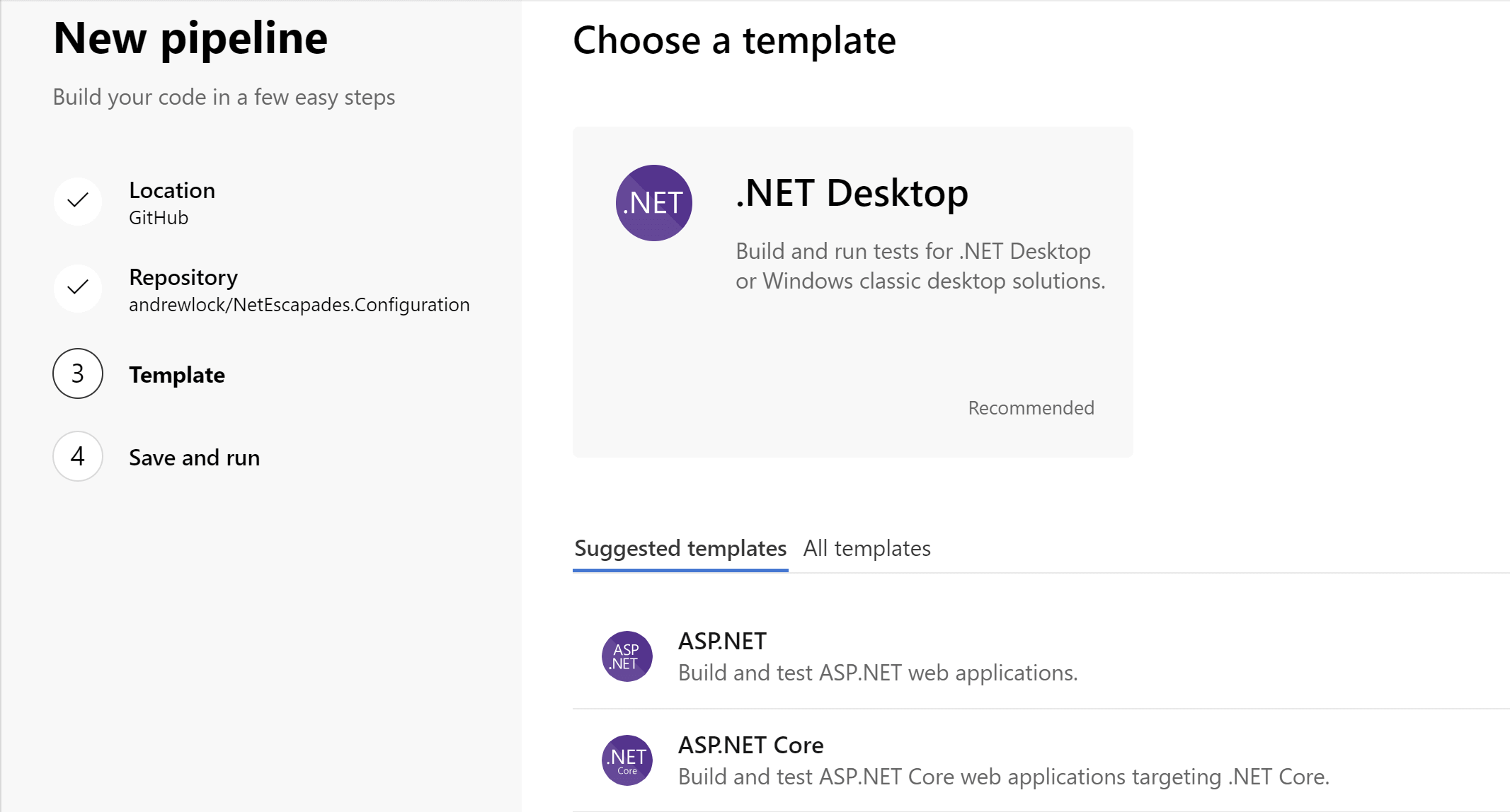 Select a template to use for the build