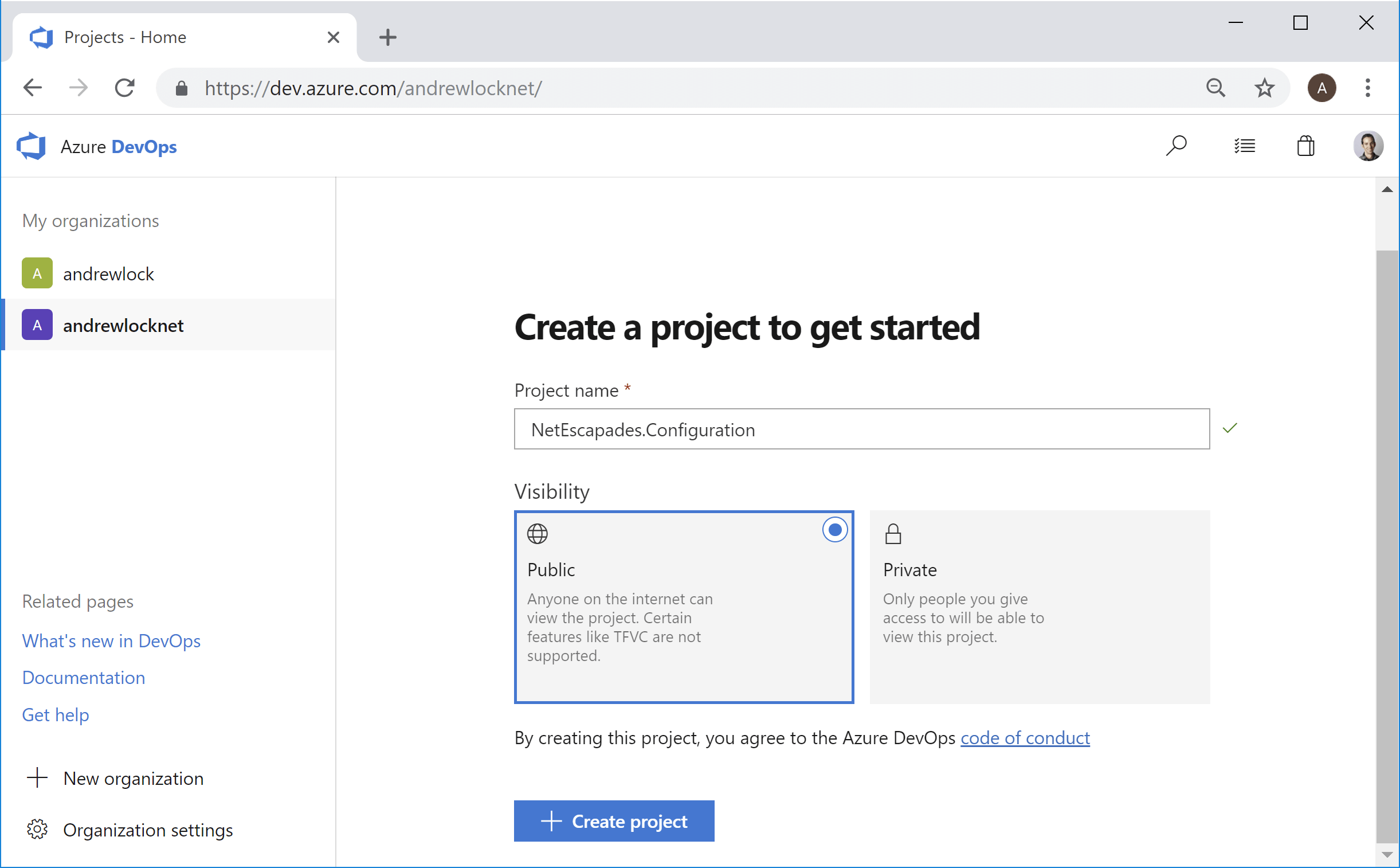 The Azure dashboard after creating a new organisation