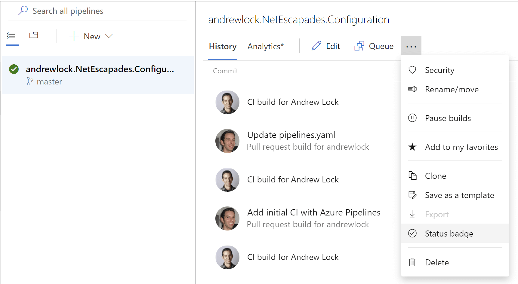Status badge menu item in overflow menu