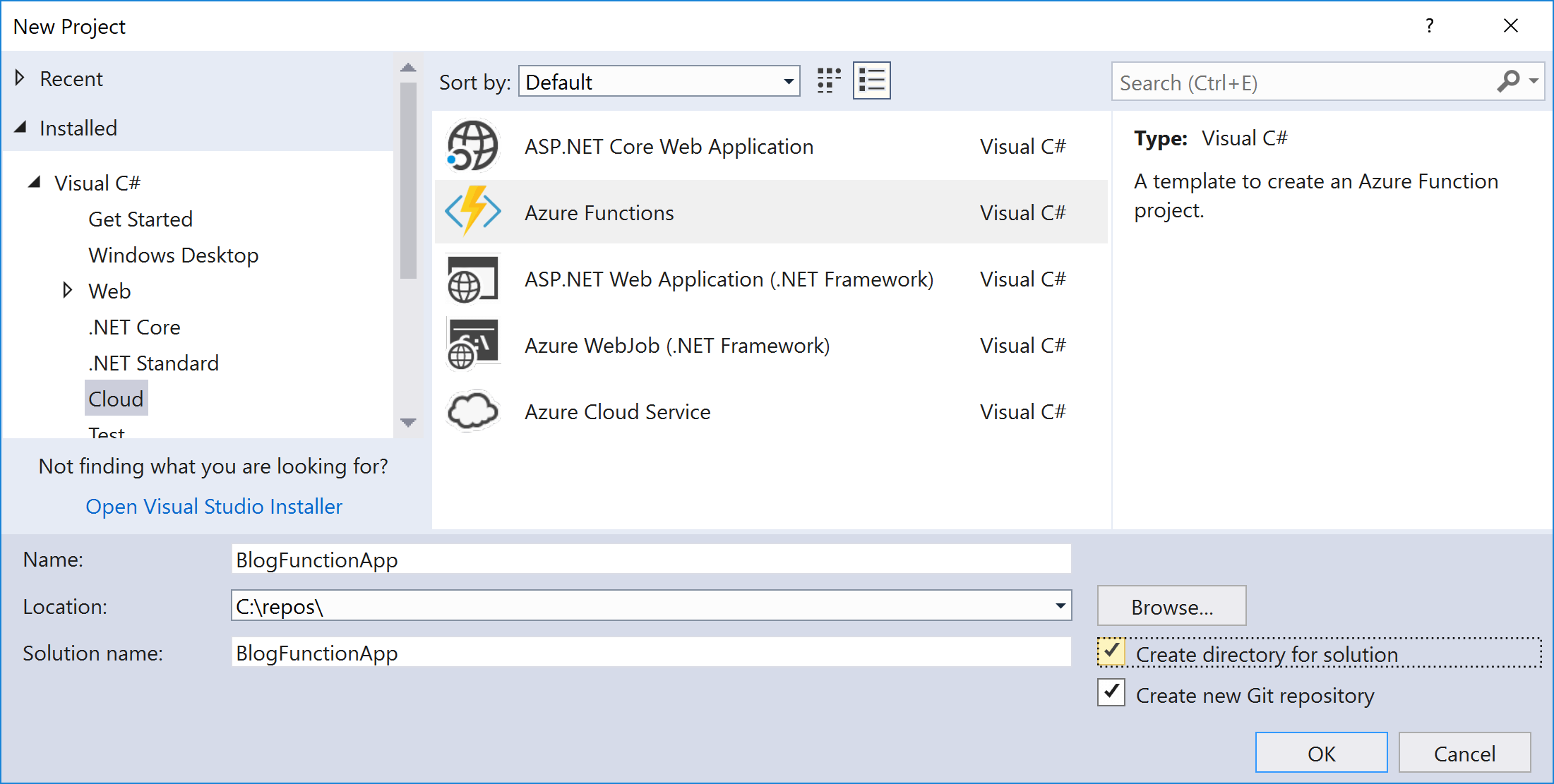 Create a new Azure functions app