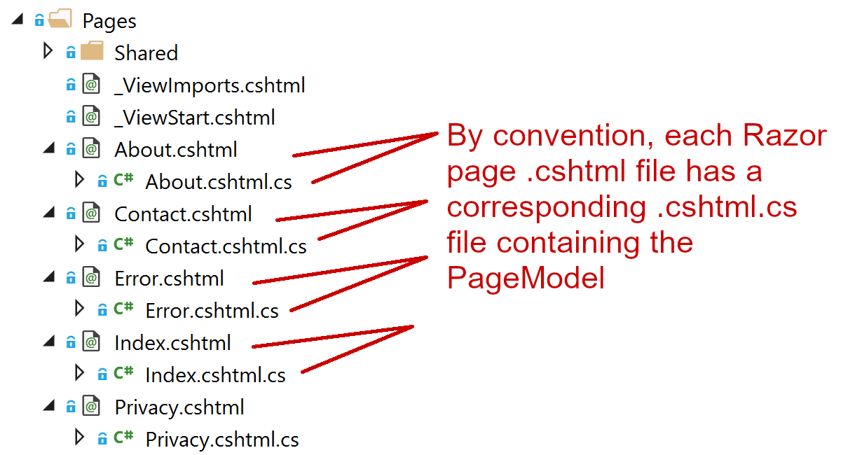 Each Razor page typically consists of a cshtml file and cshtml.cs file